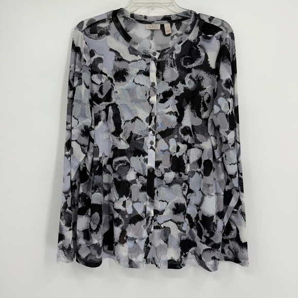 LOGO by Lori Goldstein Mesh Cardigan Top Black Gray Size XL Button Up Semisheer - Picture 10 of 10